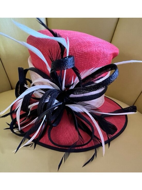 Kentucky Derby Hat Wide Brim Red Black Feathers Bows Wedding Cocktail Italian